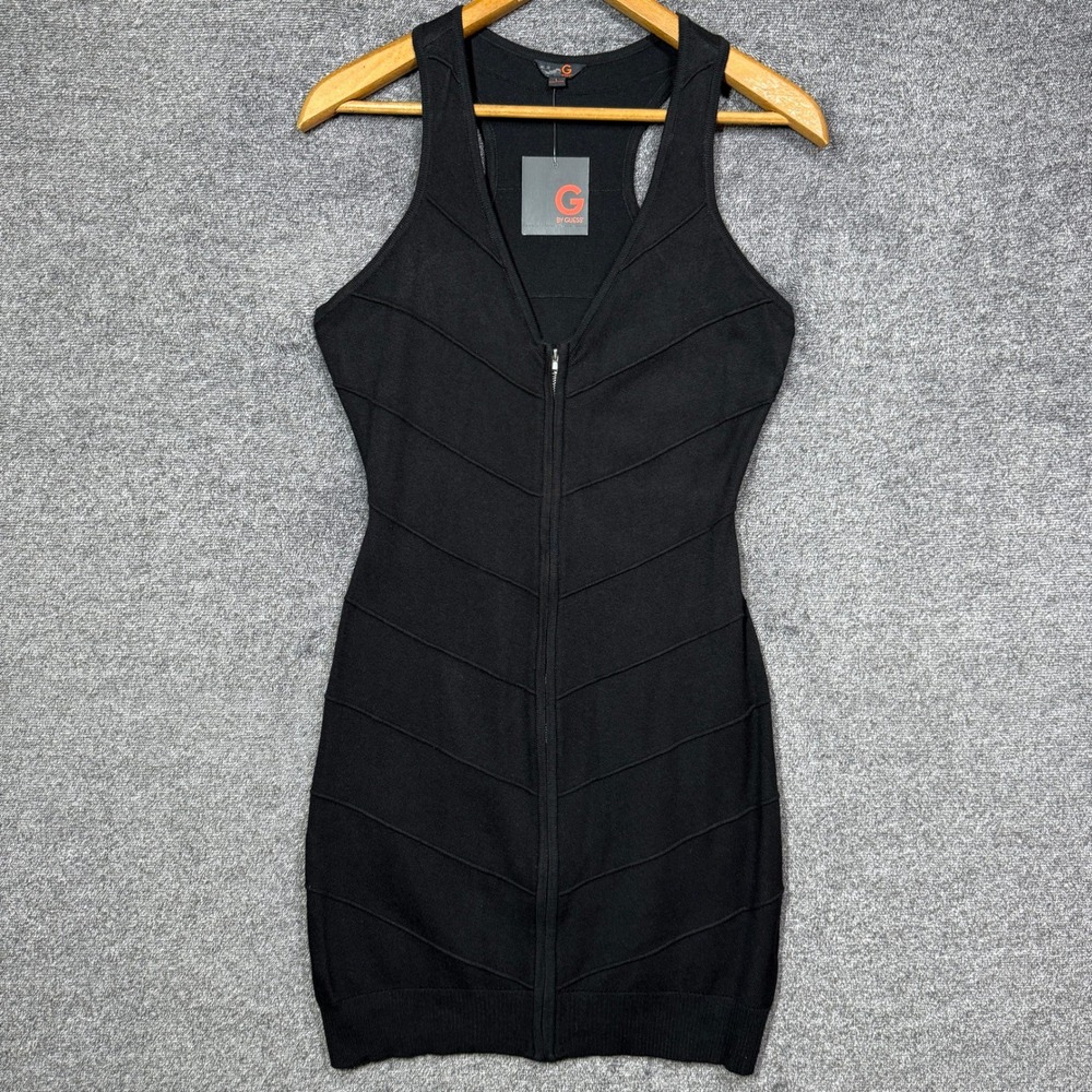 G by GUESS Yanelie V-Neck Sweater Dress Size L Jet Black Bodycon Mini Zip Front